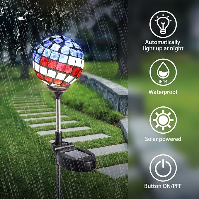 WNP Solar Powered Outdoor Garden Light Stakes Decoration, Mosaic Globe 4th of - Image 2
