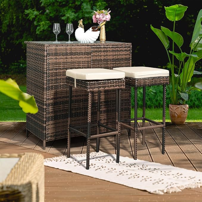 Outvita Outdoor Bar Table, 3 Piece Rattan Patio Bar Set - Image 8