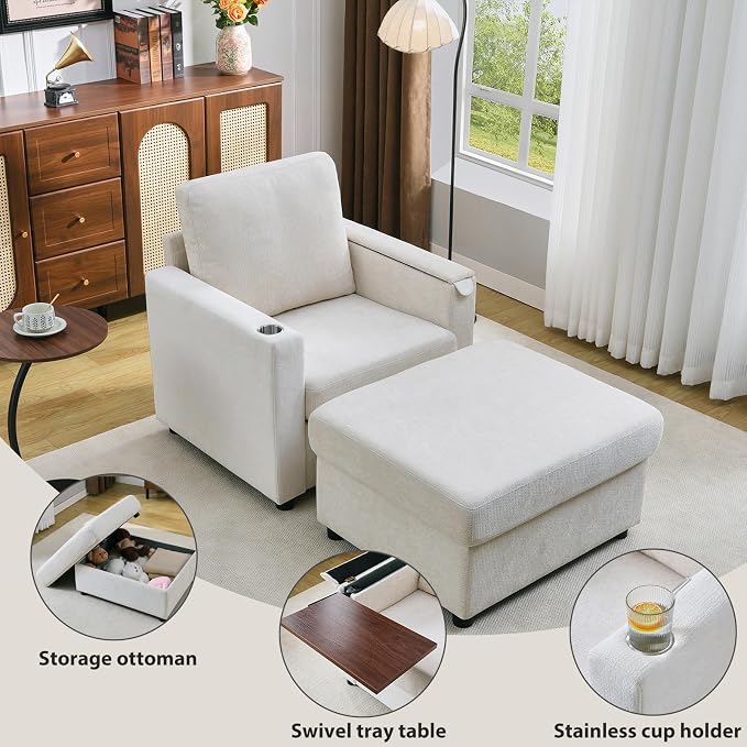 Modern Accent Chairs with Storage Ottoman Set, Comfy Chenille Reading Armchair - Image 3