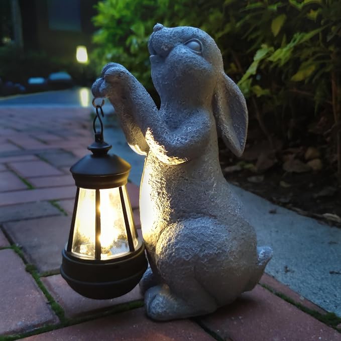 Rabbit Solar Garden Statues, Resin Rabbit Figurine Decorations by Qobumy