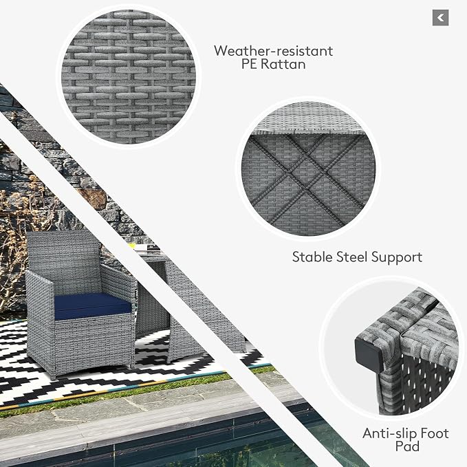 Tangkula 3 Pieces Patio Dining Set, Patiojoy Space-Saving PE Rattan Bistro Set - Image 6