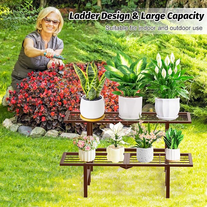 2 Tier Plant Stand Indoor Outdoor, Foldable Metal Separated Ladder Plant Stands - Image 7