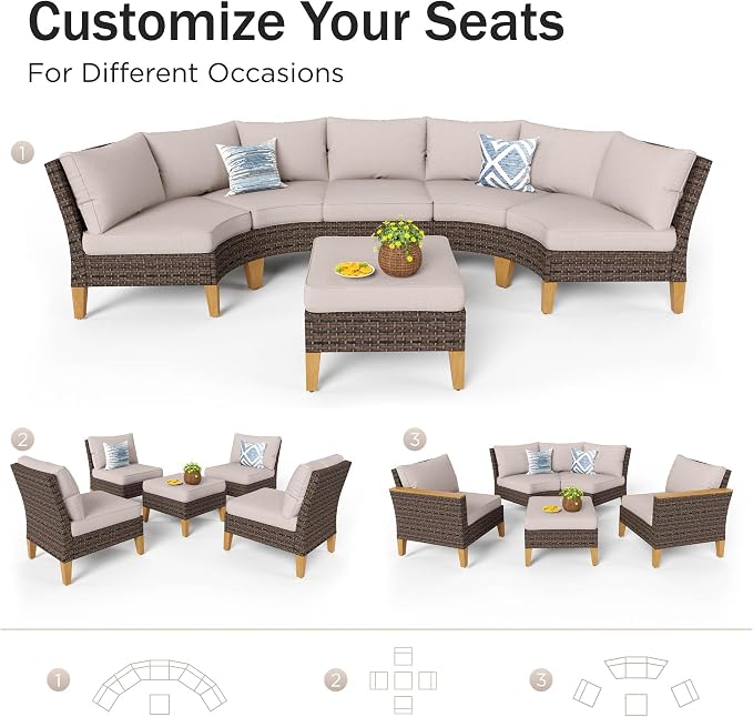 PHI VILLA 7-Piece Curved Patio Furniture Set, Half-Moon Wicker Sectional - Image 9