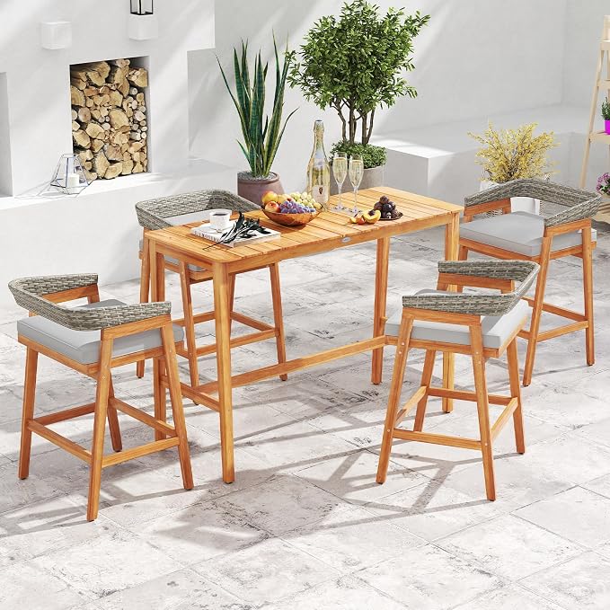 Tangkula 5 Piece Patio Bar Set, Outdoor Acacia Wood Counter Height Table - Image 3