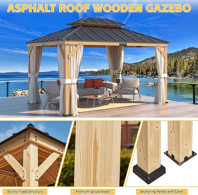 MELLCOM 11'x13' Asphalt Hardtop Gazebo, Spruce Wood Double Roof Gazebos - Image 6