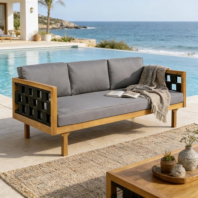 Merax Outdoor 3 Seater Daybed, Acacia Wood Patio Day Bed Couch Sofa - Image 3