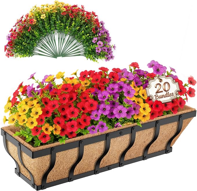 Railing Planter Boxes with Artificial Flowers, Adjustable Balcony Planters by VOXOR