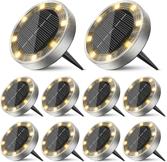 10 Pack Solar Ground Lights Outdoor, 8 LED Mini Flat Solar Disk Lights by Unknown