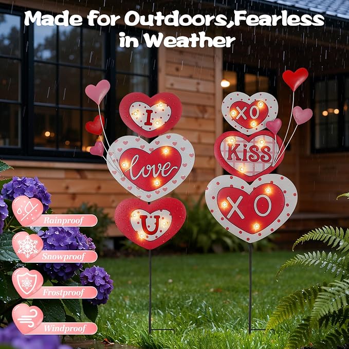 Lewondr 2 Pcs Valentine's Day Decorations Outdoor, Metal Solar Pathway Lights - Image 4