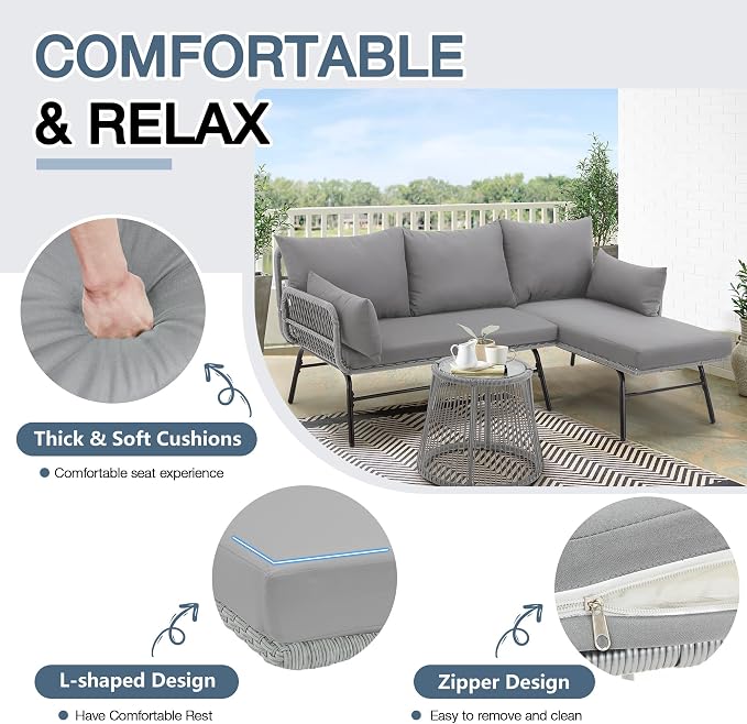 EROMMY 3 Piece Boho Patio Conversation Sets, L-Shaped Sectional Patio Furniture - Image 4