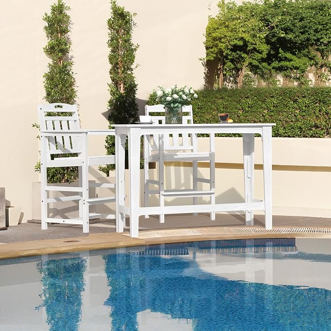 Outdoor Patio Bar Height Table and Tall Adirondack Chairs Set of 2, All-Weather - Image 7