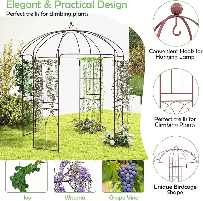 HAPPYGRILL Birdcage Shape Garden Arbor, 7 x 8.4 ft Heavy Duty Metal Garden - Image 5