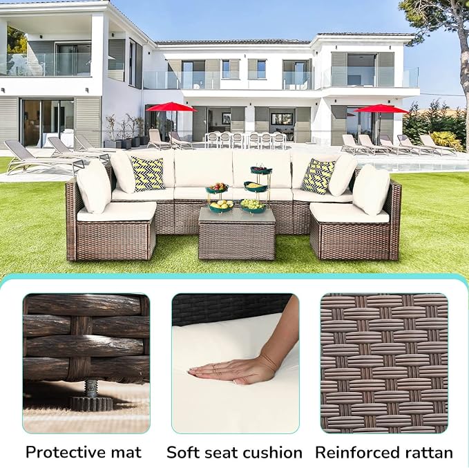 PayLessHere Patio Furniture Set 7 Pieces Outdoor Furniture Wicker Conversation - Image 3
