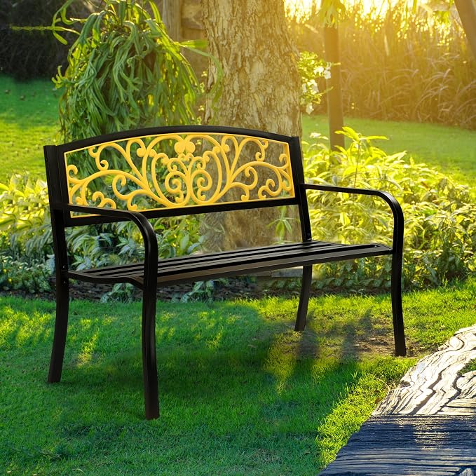 VINGLI Outdoor Bench for Patio Metal Garden Bench w/PVC Back Pattern - Image 7