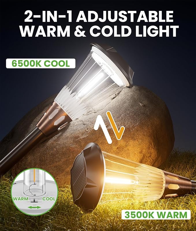 Bright Solar Lights Outdoor 6 Pack, 2-in-1 Warm&Cool Solar Pathway Lights - Image 2