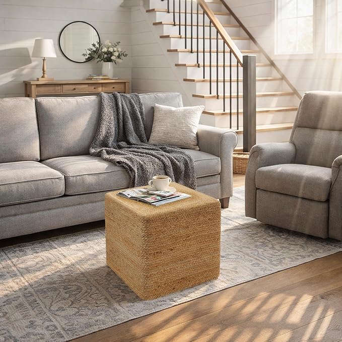 Casafield Hand-Braided Jute Pouf Ottoman Footrest, Natural Woven Boho Floor - Image 2