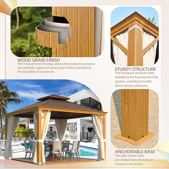 YOLENY 12' x 12' Hardtop Gazebo, Wood Grain Aluminum Frame Canopy - Image 2