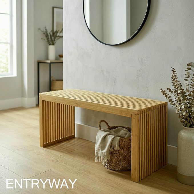 Bamboo Natural 36 inch Wooden Bench, Small Wood Benches - Image 2