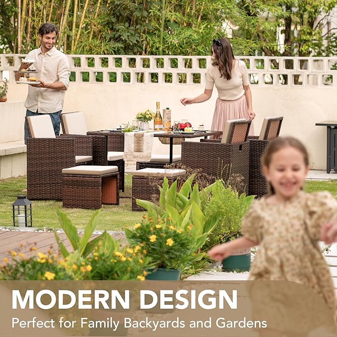 Devoko 9 Pieces Patio Dining Sets Outdoor Space Saving Rattan Chairs - Image 5