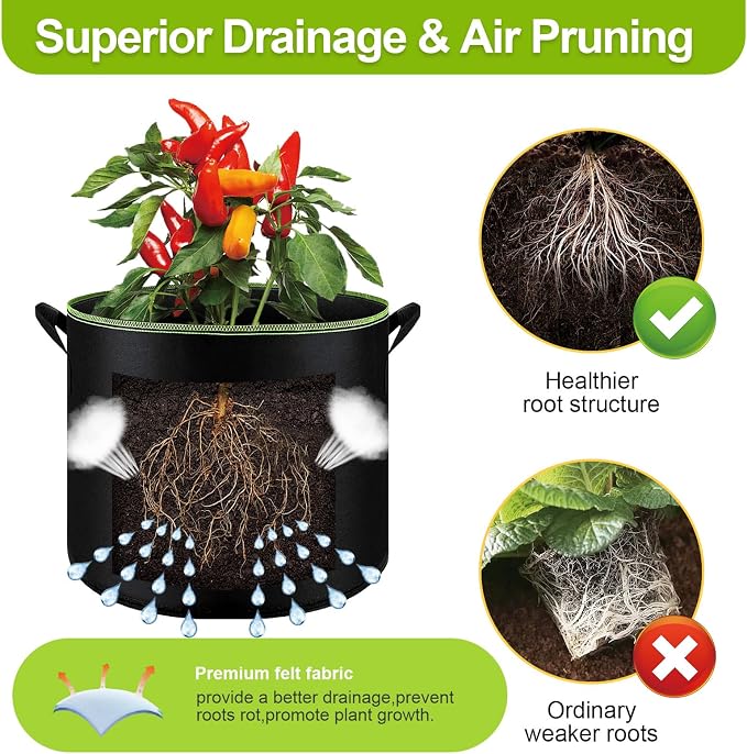 6-Pack 5 Gallon Grow Bags - 300G Heavy Duty Aeration Fabric Pots - Image 3