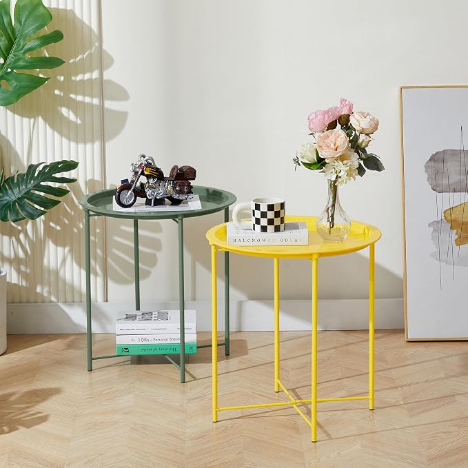 VECELO Side/End Table, Folding Round Metal Anti-Rust and Waterproof Outdoor or - Image 4