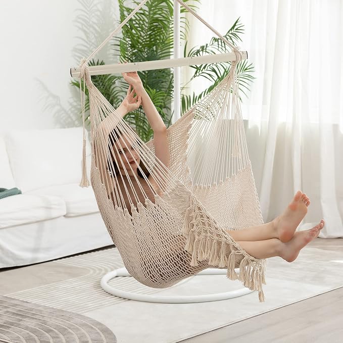 Hammock Chair，Max 330lbs, Large Hanging Chair, Soft Cotton Rope Swing Chair - Image 3