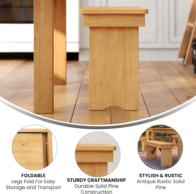 Flash Furniture HERCULES 40" x 12" Folding Farm Bench, Solid Pine Entryway - Image 4