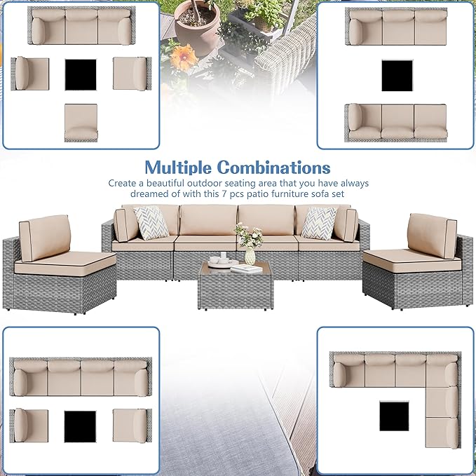 Shintenchi 7 Pieces Outdoor Patio Sectional Sofa Couch - Image 6
