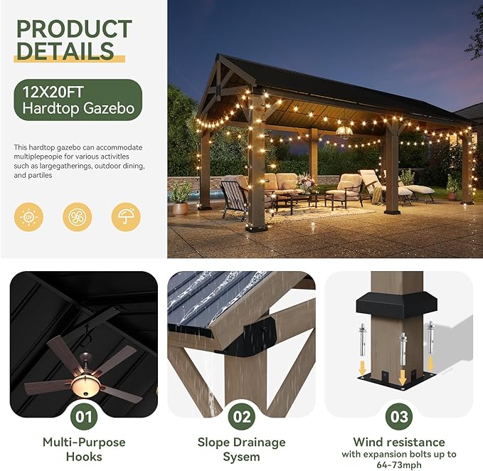 Aoxun 12' x 20' Outdoor Wood Gazebo, Hardtop Gazebo Permanent Wooden Pavilion - Image 3