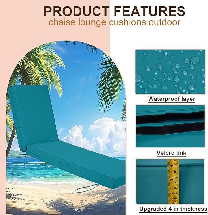 Chaise Lounge Cushions Outdoor Set of 2, Waterproof & Fade Resistant Patio - Image 2