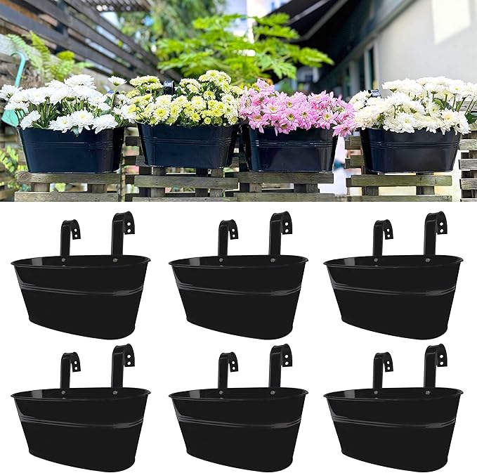 LaLaGreen Outdoor Rail Planter Black Metal Iron Hanging Flower Pots Deck by L%C3%A1L%C3%A1Green