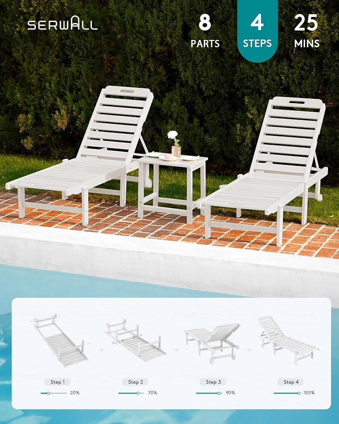 SERWALL Outdoor Chaise Lounge Set of 8, HDPE Pool Lounge Chairs - Image 7