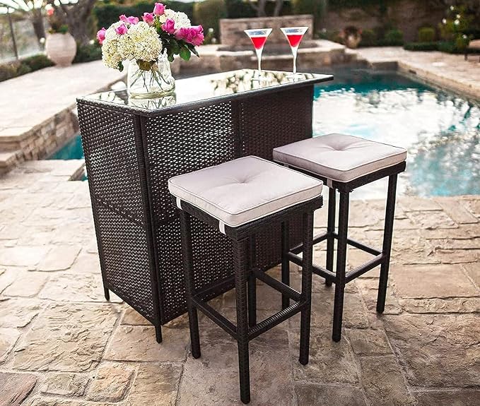 Outdoor Bar Set 3-Piece Brown Wicker Patio Furniture - Image 2