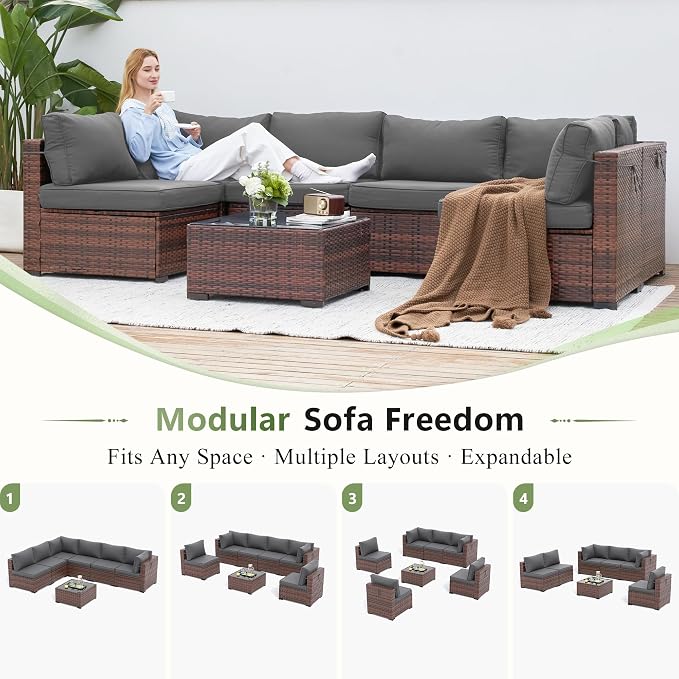 Patio Furniture Sets with Waterproof Cover, 7 Pieces Outdoor Rattan Sectional - Image 5
