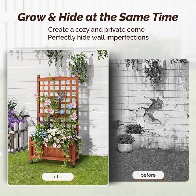 VINGLI Wooden Planter with Trellis, FreeStanding Planter Box with Drainage Holes - Image 5