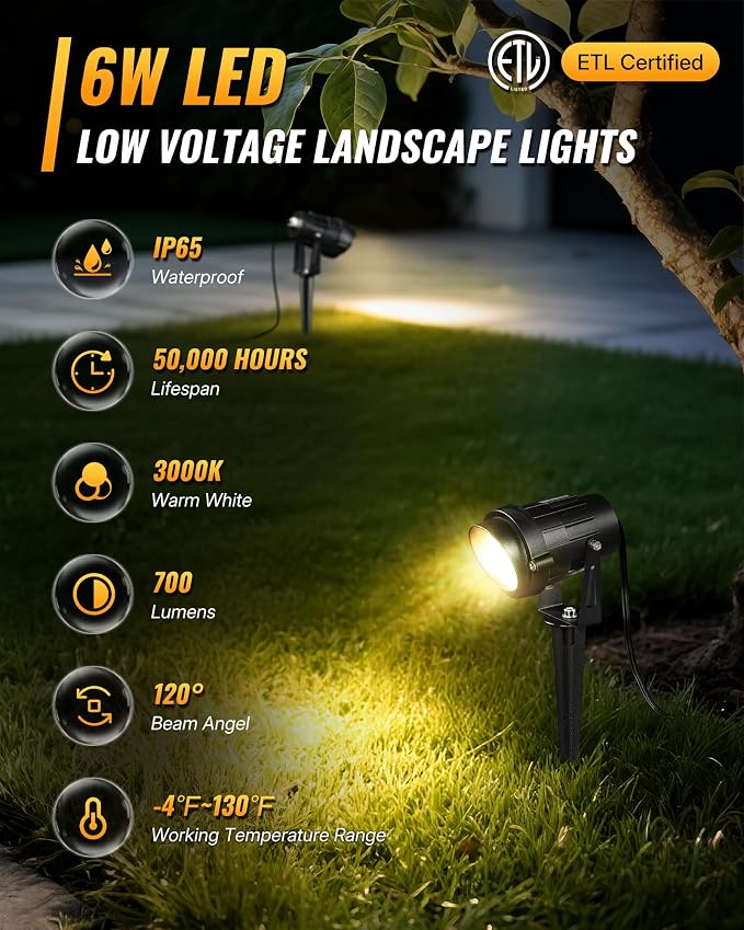 6W 700LM Low Voltage Landscape Lighting, 12V AC/DC 3000K Warm White LED Low - Image 2