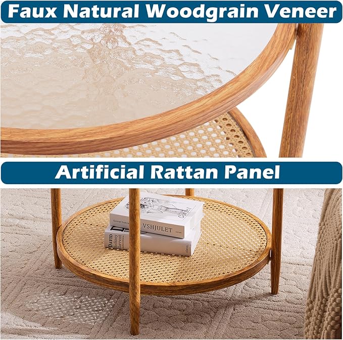 VINGLI 25.6" Rattan Coffee Table, Round Water-Wave Glass Metal Center Table - Image 5
