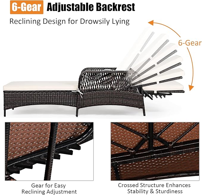 Tangkula Wicker Chaise Lounge Outdoor Set of 2, Patio Rattan Reclining Chaise - Image 6