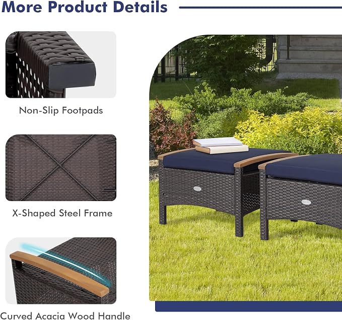 Tangkula 2 Piece Patio Rattan Ottomans, Outdoor Wicker Footstool w/Acacia Wood - Image 7