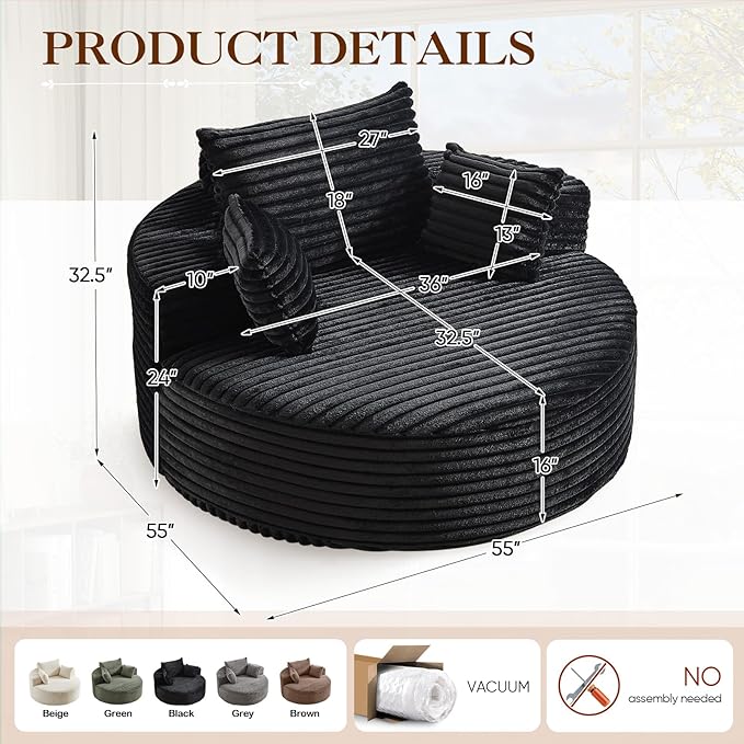 Oversized Round Chaise Longue Chair Indoor, Modern 55-inch Upholstered Corduroy - Image 2