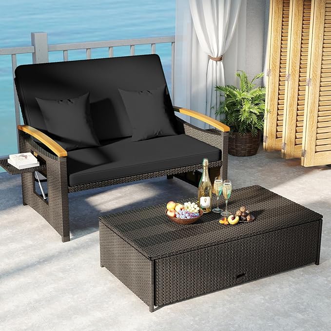COSTWAY Patio Rattan Daybed, Outdoor Loveseat Sofa - Image 2