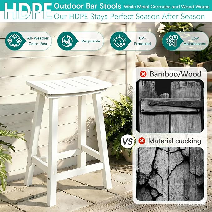 Outdoor Bar Stools Set of 6, 24 Inch All-Weather HDPE Counter Height Chairs - Image 4