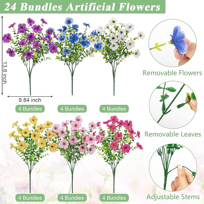 Bassion Artificial Flowers for Outdoors, 24 Bundles UV Resistant Fake Flowers - Image 2