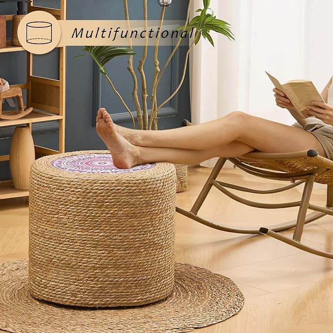 Handwoven Ottoman Pouf, Natural Seagrass Footstool, Round Braided Outdoor Seat - Image 2