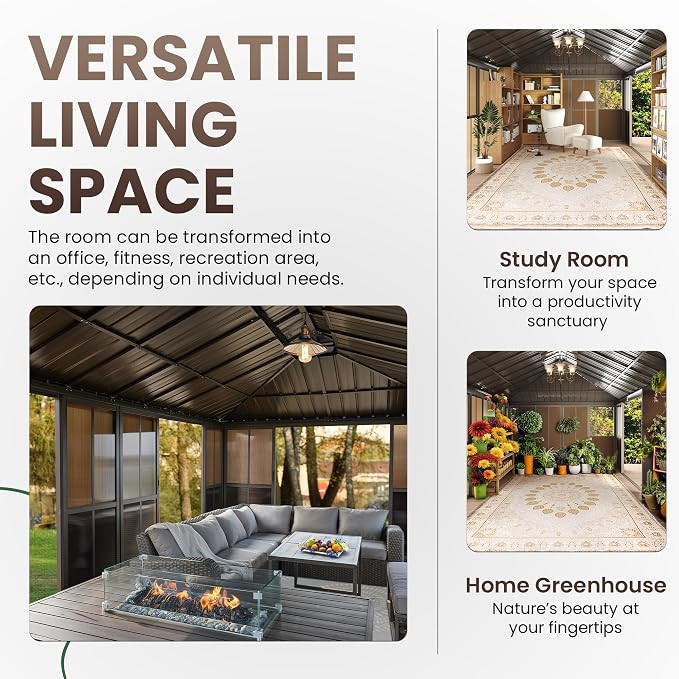 EROMMY 12' X 20' Hardtop Sunroom, Galvanized Steel Double Roof Gazebo Solarium - Image 6