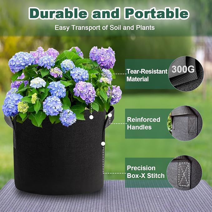5 Pack 10 Gallon Thickened Grow Bags, Aeration Nonwoven Fabric Planting Bags - Image 5