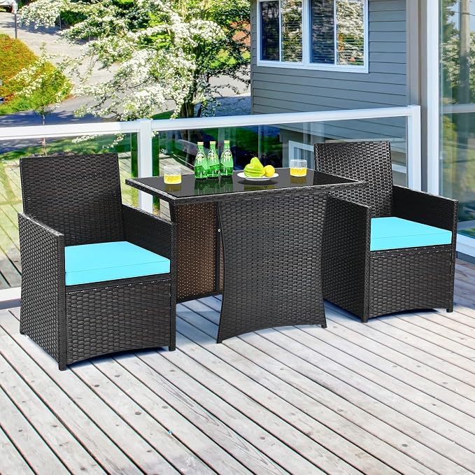Tangkula 3 Pieces Patio Dining Set, Space-Saving PE Rattan Bistro Set - Image 2