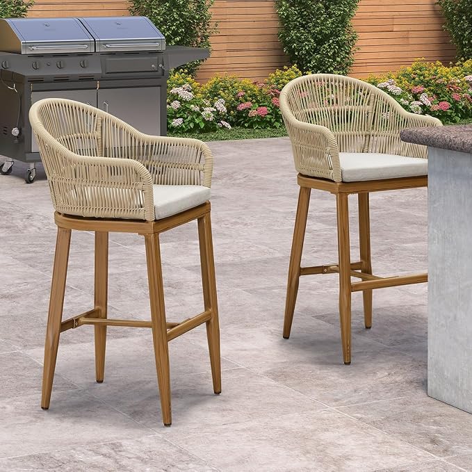 PURPLE LEAF Outdoor Bar Height Stools Set of 2 Patio Metal Modern Wicker Rattan - Image 3