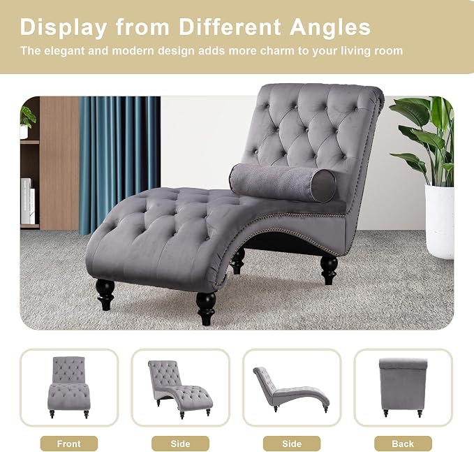 Chaise Lounge Indoor, Velvet Upholstered Lounge Chair Button-Tufted Armless - Image 6