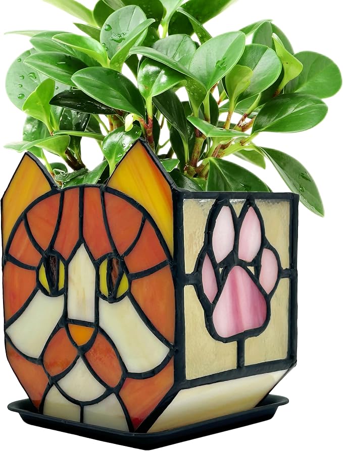 Stained Glass Orange Cat Planter, Indoor Flower Pots by Entlityful